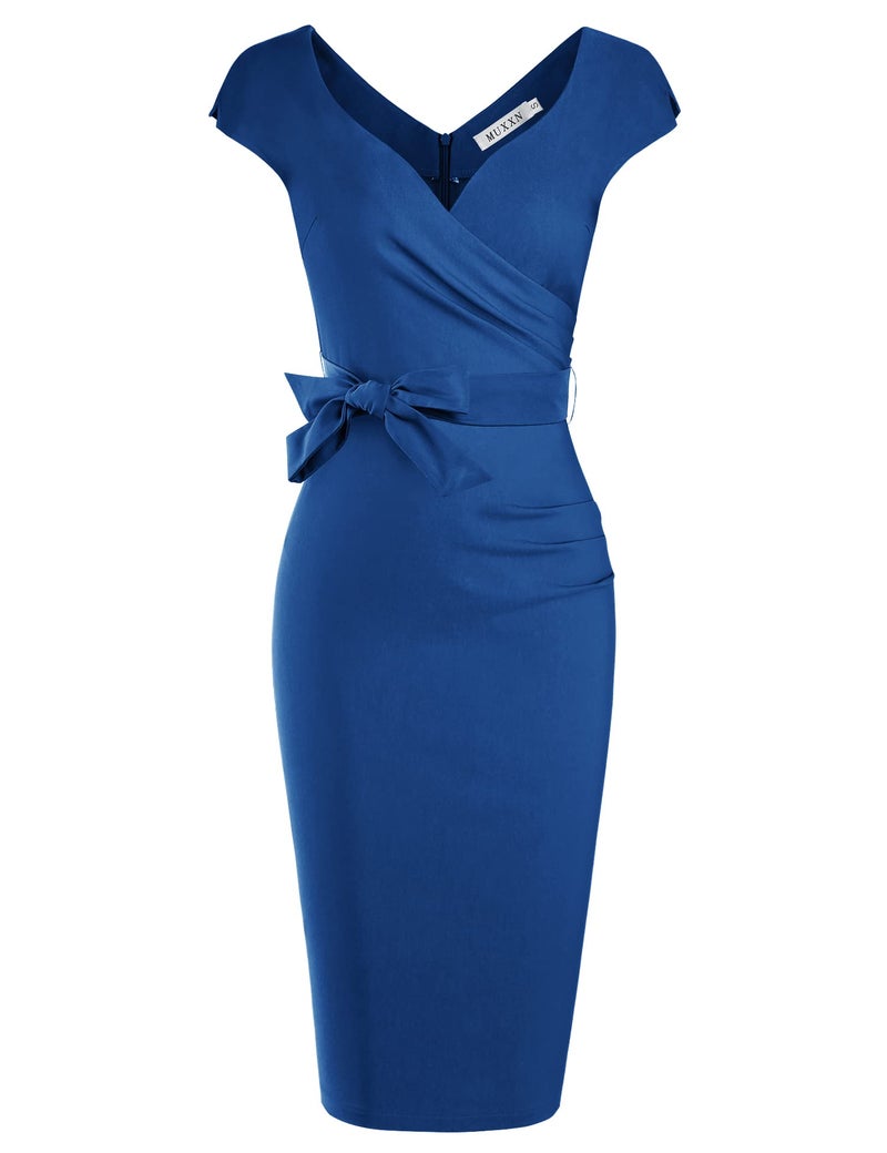MUXXN Women's Gorgeous V Neck Midi Cap Sleeve Bodycon Sheath Party Pencil Dress with Belt Blue L - Image 3